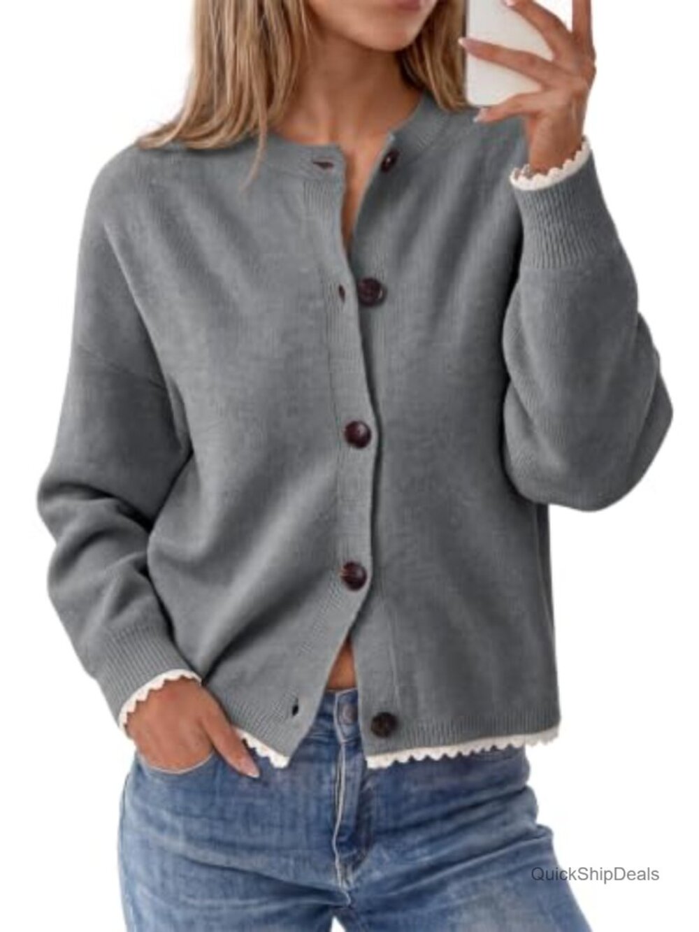 Womens Lace Trim Button Down Knit Cardigan Sweater with Removable Scarf